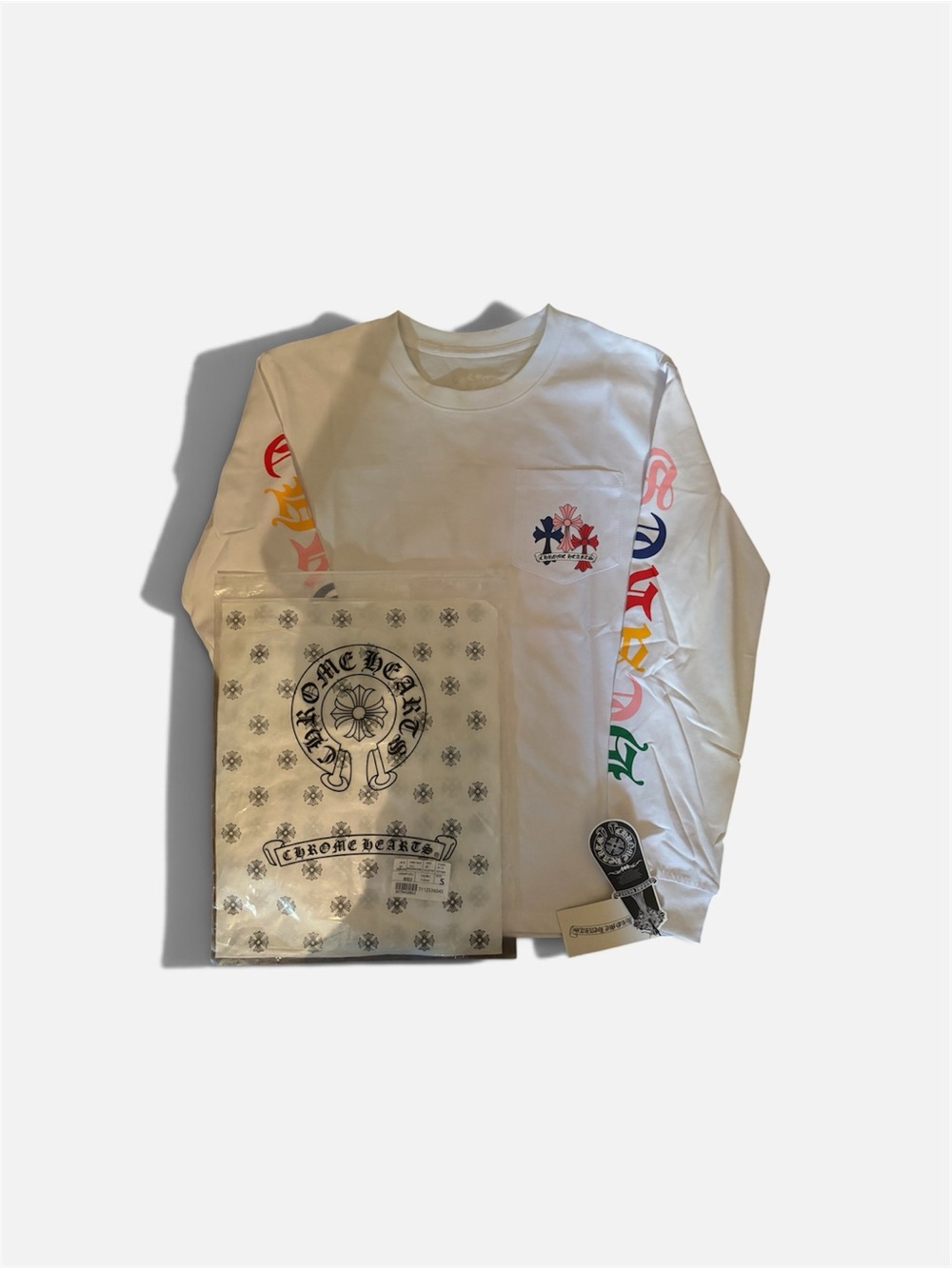 Chrome Hearts White Long-Sleeve Mens Graphic Tee with Multicolor Sleeve Print